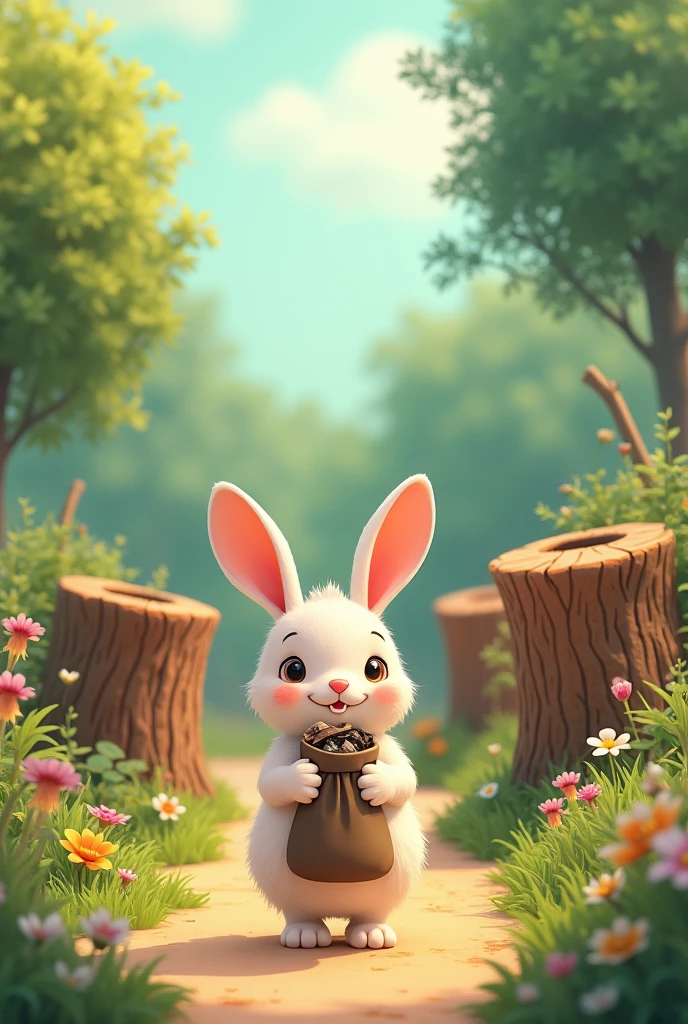 A cute rabbit is holding a bag of trash to throw into a bin in a colorful garden, which has three trash bins made from tree stumps.