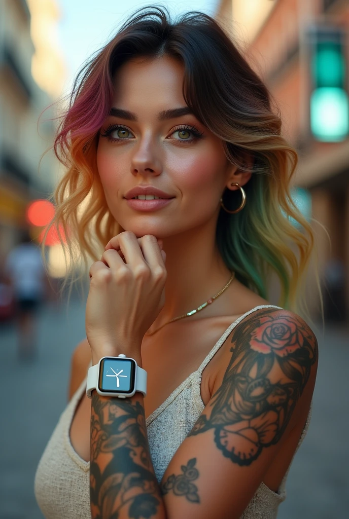 A 4K portrait of a 30-year-old brunette Argentinian woman with rainbow-colored blonde hair and emerald green eyes. She is depicted with a perfect smile, wearing a white smartwatch on her wrist, and showcasing tattoos on her arm. Her elegant clothing complements her sophisticated appearance. She is looking out at a vibrant cityscape in the background, which is softly blurred to focus on her features.
The portrait is rendered with perfect details and high quality, emphasizing realistic textures and clarity. Her hair is styled with vibrant, rainbow-colored strands that contrast beautifully with her emerald eyes. The smartwatch and tattoos are subtly highlighted, adding depth to her appearance. The lighting is soft yet vivid, enhancing her elegant clothing and the rich details of her features. The overall composition captures her graceful demeanor and the dynamic city environment, ensuring every detail is rendered with high resolution and professional quality