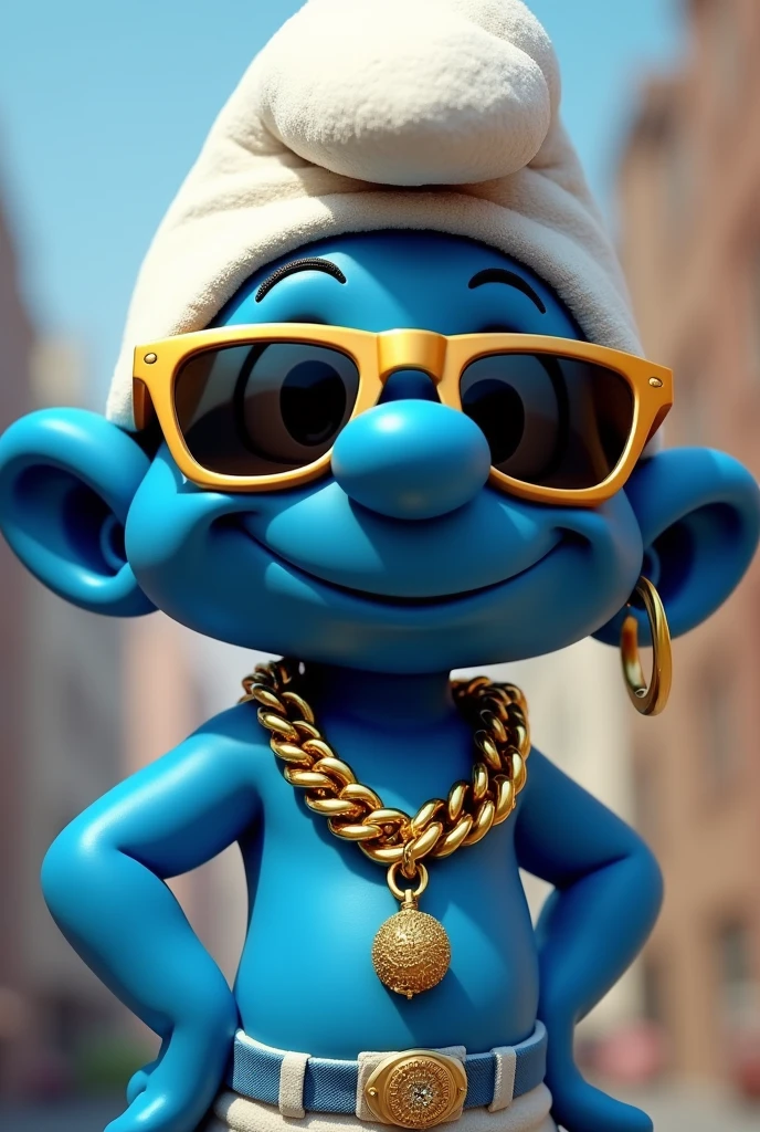 Create a smurf image in style with a gold chain and thug life glasses
