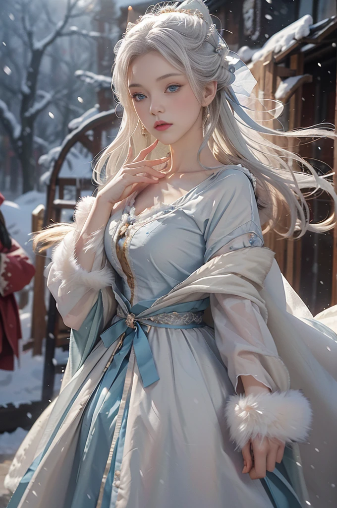8K,realistically, A high resolution, 1 Women, Alone, (ta costume),Gorgeous costumes attract the audience,A beautiful Blue eyes, White hair, eye socket, (External,Oyuki,fur-edged cloak,blanketed in a mantle of snow),snow cover,