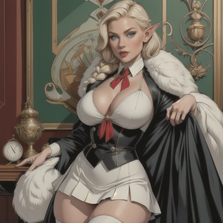 1 female elf, long braided blonde hair, pointed ears, green eyes, thin lips, round face, wearing Houdini magic academy uniform, black jacket with white details, academy crest on right chest, red tie, white fur gloves, white pleated skirt mid-thigh, white thigh high socks, white ballet flats, large breasts, wide hips, thick thighs, beautiful elf, magnificent elf, arrogant elf, full body, (best quality,4k,8k,highres,masterpiece:1.2),ultra-detailed,(realistic,photorealistic,photo-realistic:1.37),HDR,UHD,studio lighting,ultra-fine painting,sharp focus,physically-based rendering,extreme detail description,professional,vivid colors,bokeh,fantasy,magical,portrait