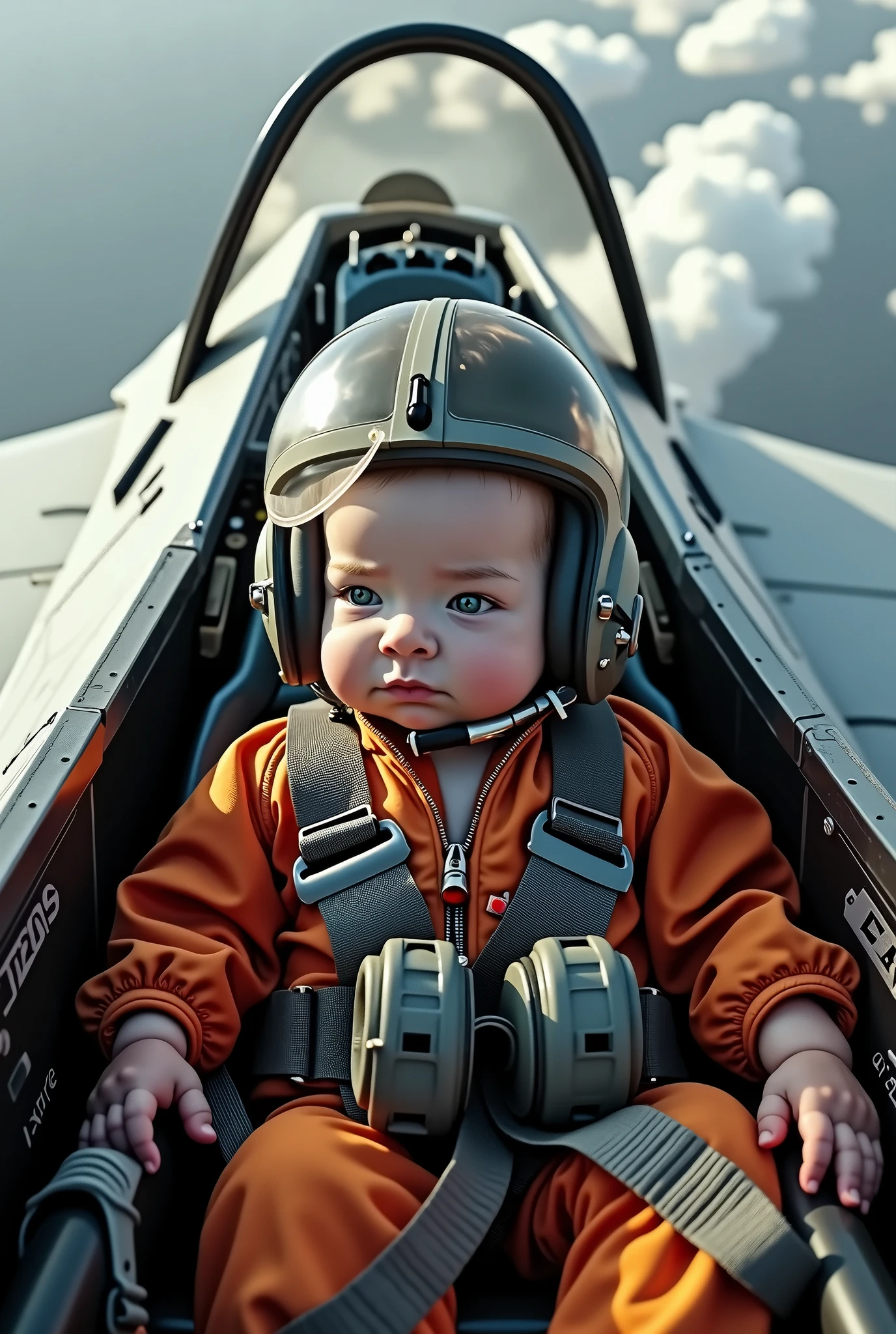 Newborn wearing a fighter pilot suit flying a Mig-1.42 photos from the cockpit of the plane from above the entire body of the plane as if he were a pilot in the movie Top Gun, as real as in real life