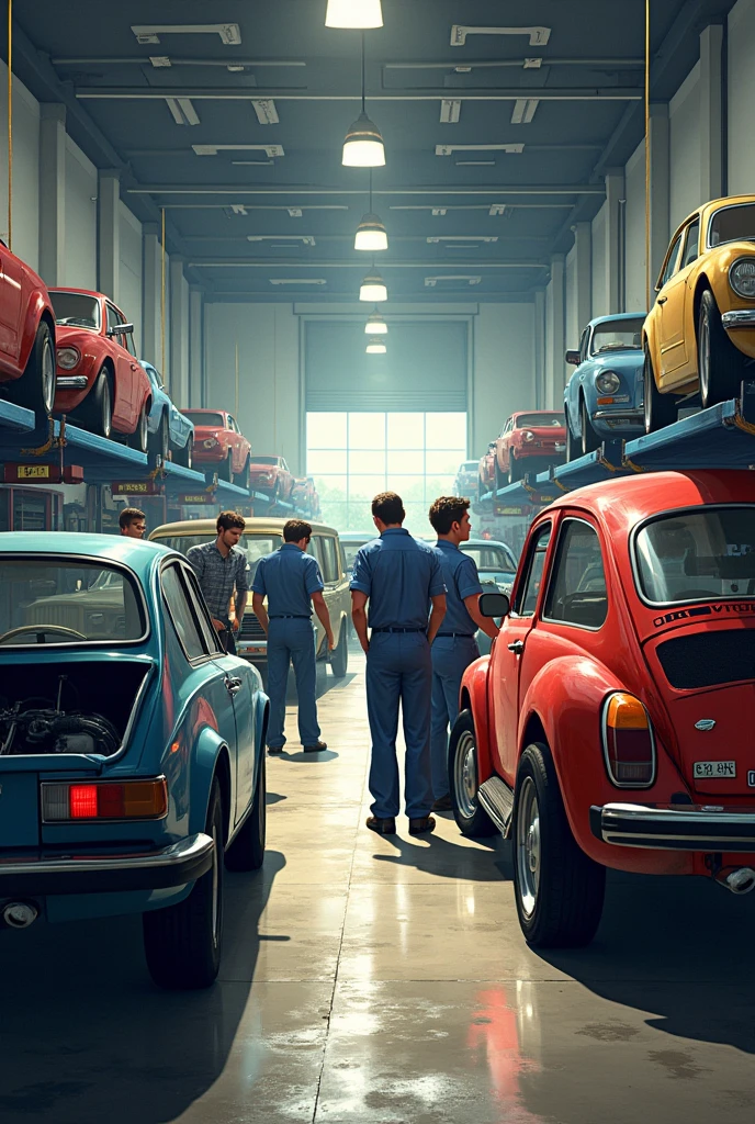 Car Workshop, with several mechanics repairing the cars