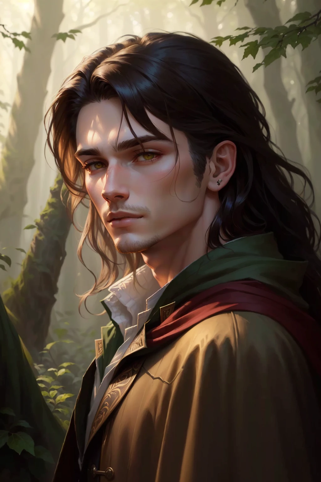 a man with long hair and a brown jacket in a forest, a portrait of a male elf, retrato de barbatana wildcloak, Cute male elf, a male elf, Caleb from Critical Role, portrait of a forest mage, Edmund Blair e Charlie Bowater, male elf, male elf ranger, Silvain Sarrailh, fantasy male portrait, arte do personagem Charlie Bowater