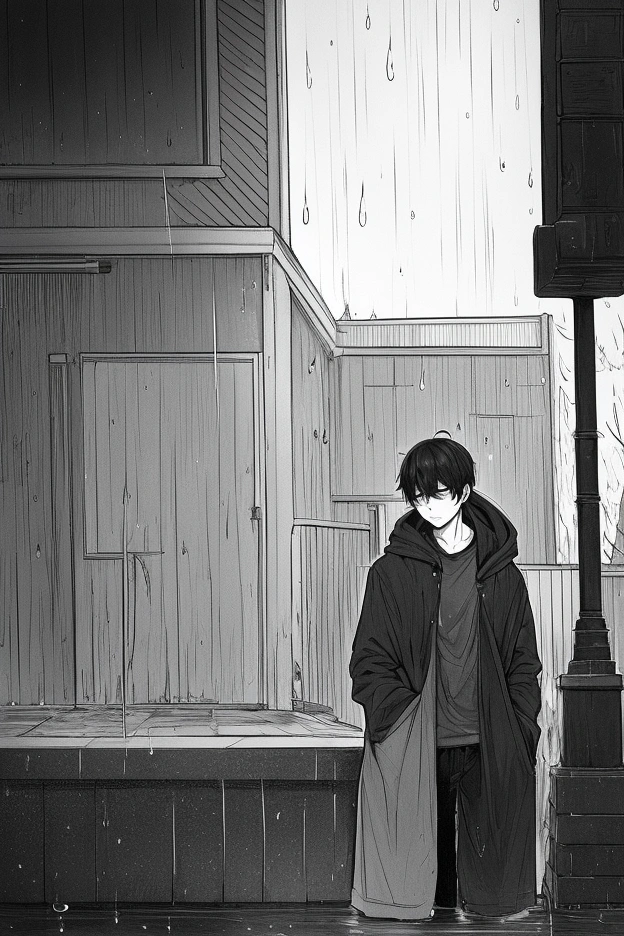 A young man in his early twenties, dressed in casual attire, standing in the rain with a downcast gaze. He leans against a brick wall, his shoulders slightly hunched as the droplets of water cling to his hoodie and the tips of his jeans are soaked. His hands are tucked into his pockets, and his expression is a poignant mix of regret and sadness. The scene is bathed in a soft, diffused light from a solitary streetlamp that flickers overhead, casting a warm glow that contrasts with the cold, damp atmosphere. Puddles of rainwater reflect the grayscale buildings and sidewalks around him, emphasizing the solitude of the moment. The background is a blur of passing cars and pedestrians, their movements a stark reminder of the world continuing without pause for his sorrow. His eyes, filled with unshed tears, are the focal point of the image, speaking volumes about his internal turmoil. Above him, the dark sky is heavy with clouds, mirroring his mood, and the raindrops appear to be falling in sync with the rhythm of his heartbeat, as if the universe itself is feeling sorry for his plight. The overall composition is a study in melancholy, inviting the viewer to empathize with the young man's profound emotional state.