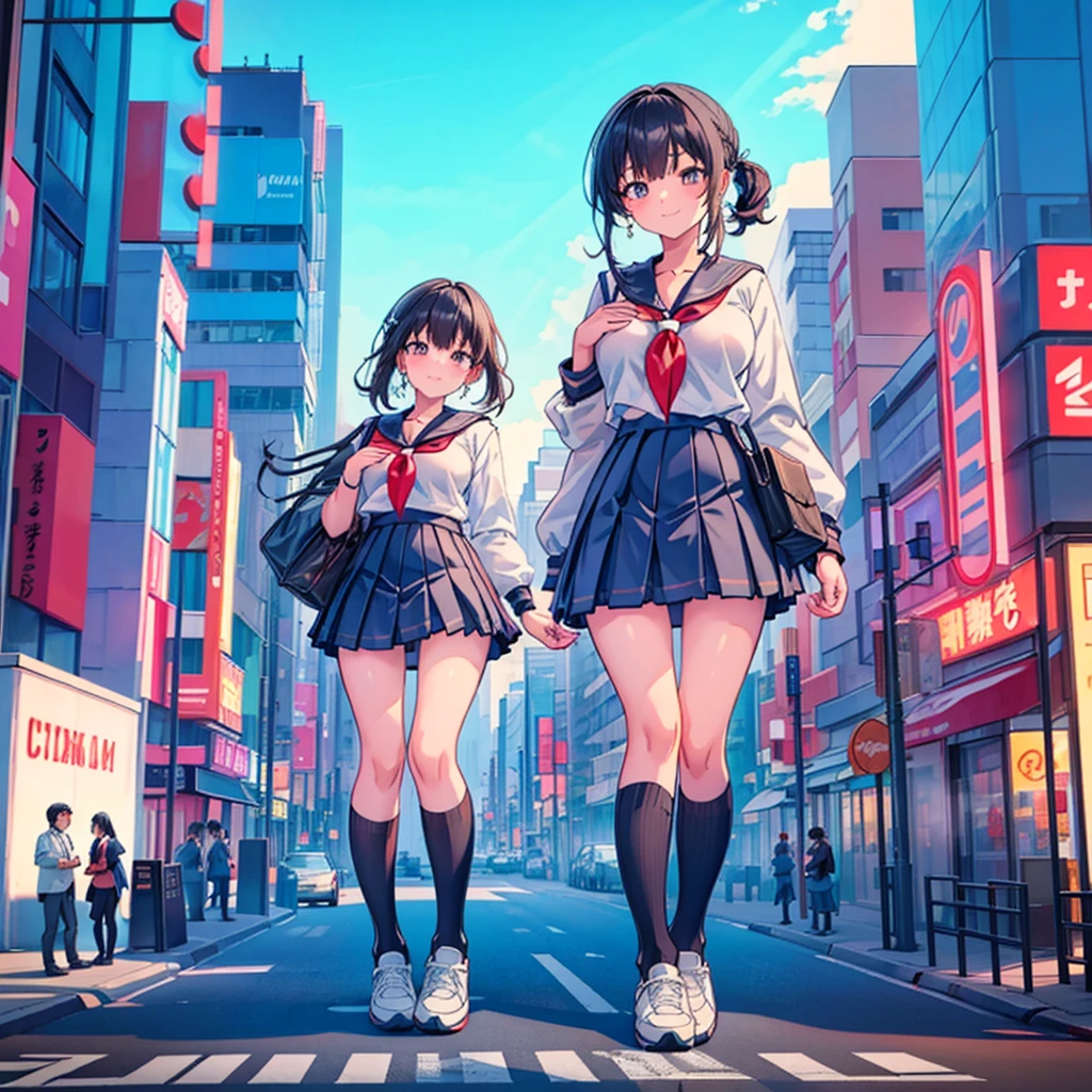  ((Two giant high school girls standing on the road) ) Composition seen from below, true sunset, sunset, evening, masterpiece Anime style Delicate painting 4K 90's Huge Multiple crowd Crowd in a big city Lots of people ) (( Sailor Uniform)) ((School Uniform)) ((Big City)), ((Tokyo Akihabara Electric Town)), Big Breasts, High School Girl, Transparent Costume, Sweaty, Splashes, Sneakers, Watch, Black Hair, Smile, Female Titan Giant Girl Full Body Crowd Unreal Engine, Cleavage, Image, Earrings, Cute Photo, Beauty, Analog Style, Full Body, Sneakers, GTS, Giant Female Giant, Building Valley Girl, Skyscraper City, Big City, GTS , Giant Female Titan,