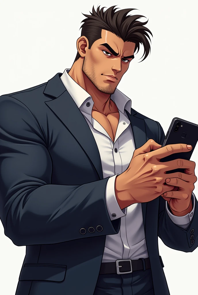 Make a person with a phone in his hand that is anime More masculine