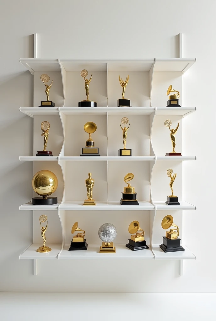 create a white shelf with 3 People's choice Awards, 2 Golden Globes, 2 Critcs choice awards, 2 Sag Awards, 1 oscar, 1 emmy, 5 grammy, 1 British Academy Film Awards and 1 Venice Film Festival Award Detailed and realistic awards