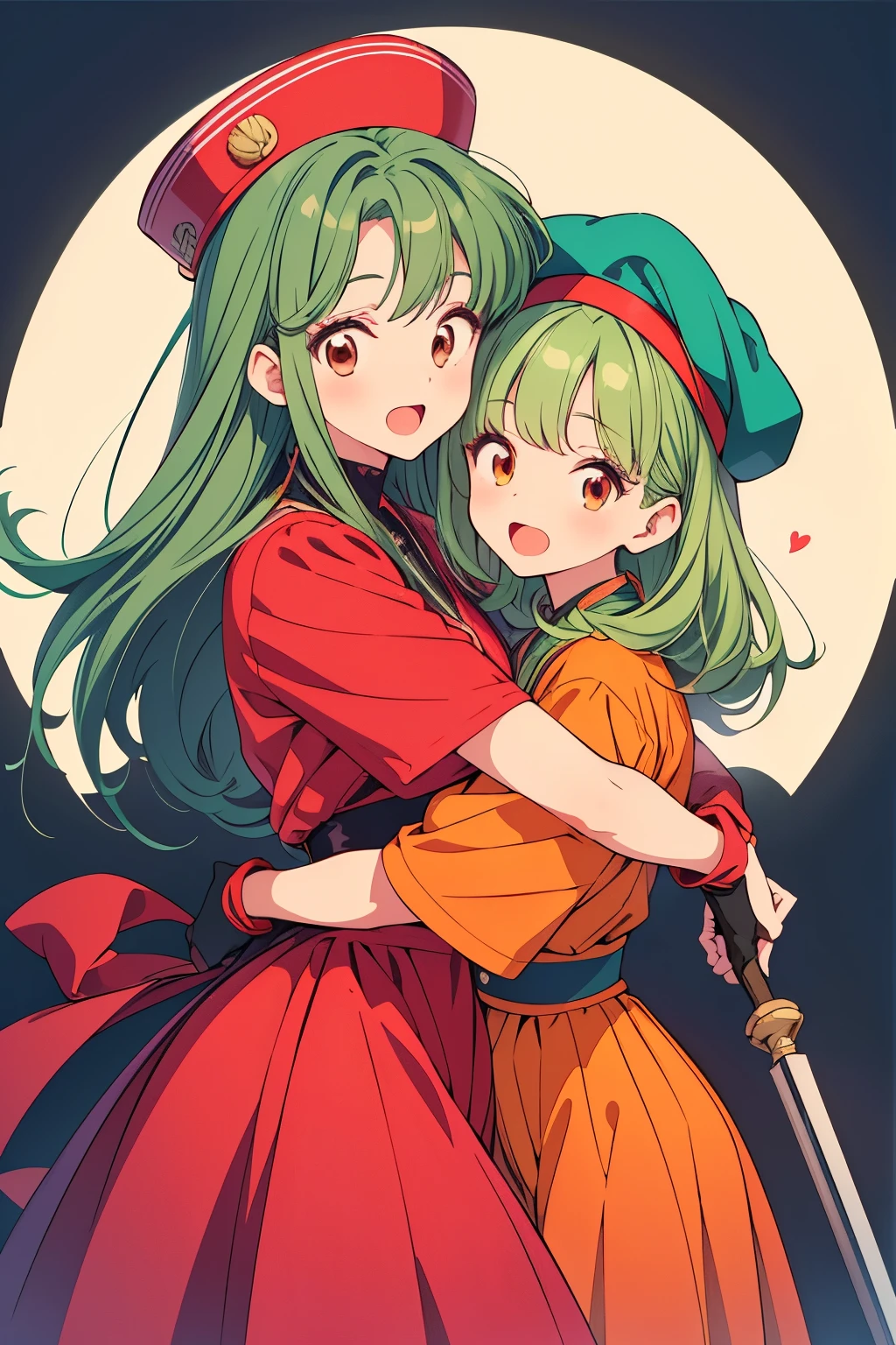 urushihara satoshi, 1990s \(style\), 2girls, brown eyes, dress, gloves, green hair, hat, hug, jewelry, long hair, multiple girls, open mouth, retro artstyle, weapon