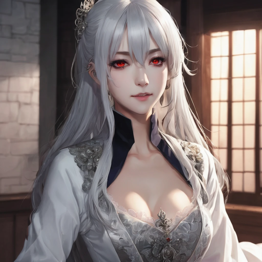 One girl, Long Hair、White Hair、Silver Hair．jagged teeth．
Pointy Ears, masterpiece, とてもLong Hair, Gray Hair, Lady wearing a white dress、テレサ姫は吸血鬼でjagged teethを持つ舌の長い巨胸な令嬢です。White wax skin、Dark Background、Suspicious background、Pale background、Bed in a dark room、Red colored eyes, Blue Mouth、masterpiece, Gaze, Bangs between the eyes, Female monster、Beautiful Vampire、White wax skin、Show your fangs、Attacking a person、Snake-like eyes、Royal Vampire、Gothic、masterpiece, High resolution, accurate, smile, Open your mouth a little, 