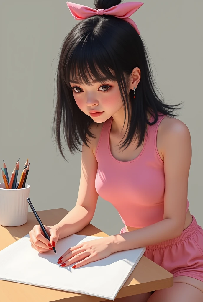 I want a realistic portrait of a pretty woman who is drawing, has black hair and bangs, freckles under her dark eyes, light skin. She wears pink sports clothes and a pink bow in her straight medium hair. Has Latin features and she id drawing 