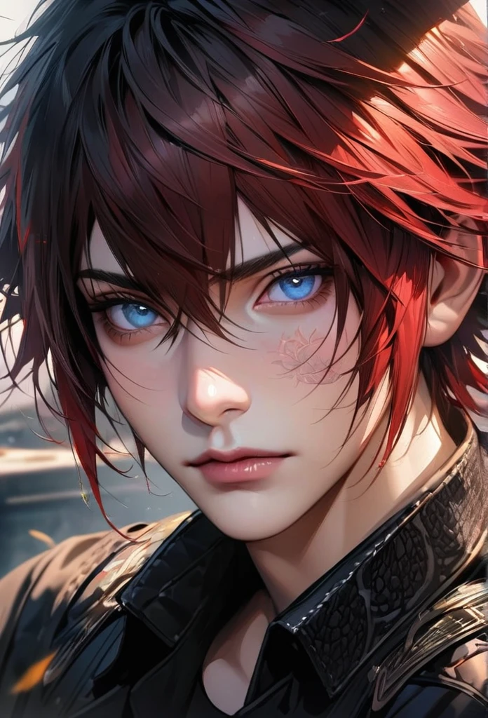 absurdres, highres, ultra detailed, HDR, master piece, best quality, extremely detailed face and eyes, perfect face, realistic face, beautiful eyes, Noctis Lucis Caelum, Red hair, expressive blue eyes, Final Fantasy xv, black jacket, black shirt, patterns, solo, man, handsome.