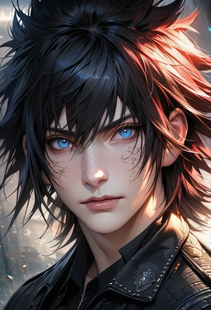 absurdres, highres, ultra detailed, HDR, master piece, best quality, extremely detailed face and eyes, perfect face, realistic face, beautiful eyes, Noctis Lucis Caelum, Red hair, expressive blue eyes, Final Fantasy xv, black jacket, black shirt, patterns, solo, man, handsome.