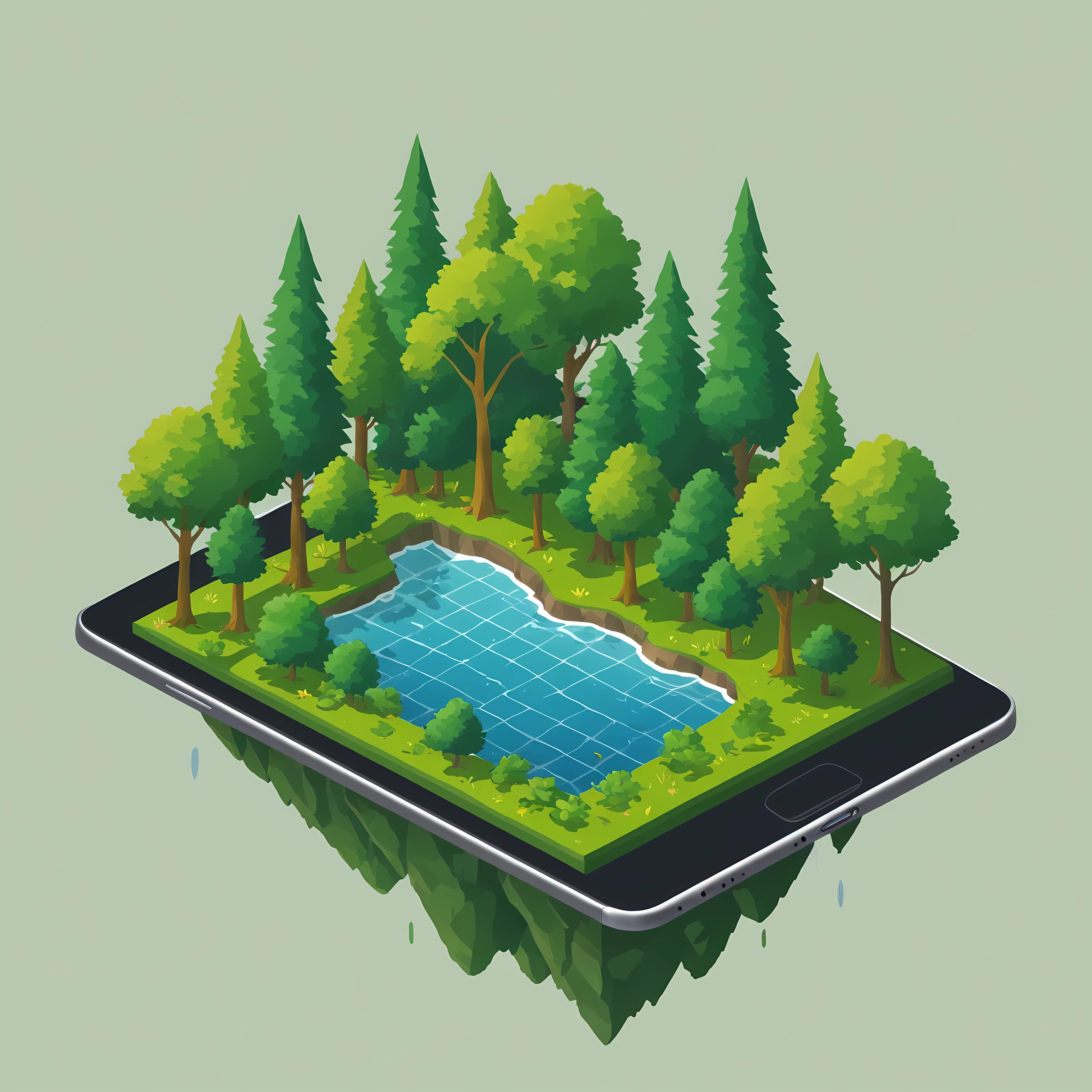 island on ipad screen, vector, 2d, flat illustration, island, tree with detail leaf, flat ipad illustration, no humans, scenery, outdoors, rock, lake, grass, bush, pond, water, day, nature, detail, no outline,