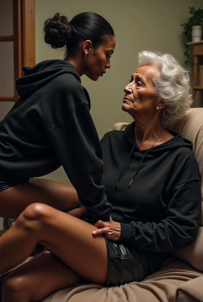 black woman hair in a bun black hoodie black leather short shorts  laying on the old grandmas lap getting her ass spanked as the black woman is in shock on her face. In a apartment