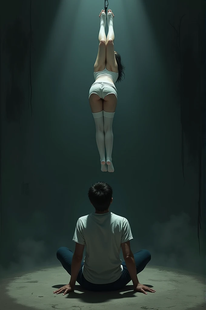Scene of female student wearing white thigh high socks hanging herself to death ,hovering in the air , a man sitting on the ground in panic