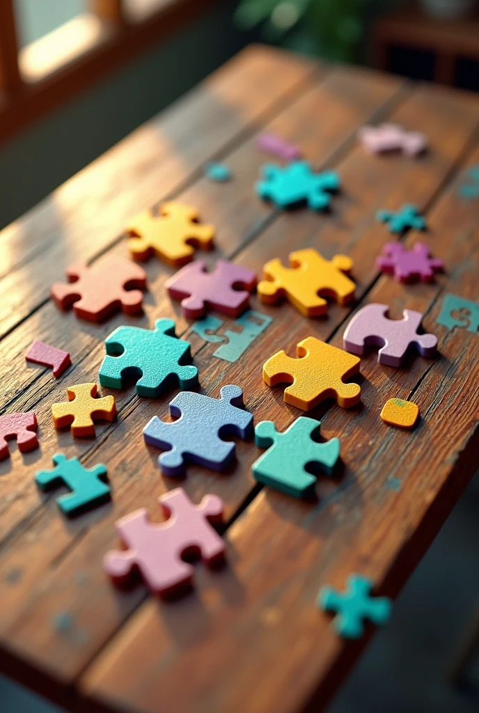 an image of a puzzle on a table breaking apart and the pieces being various colors