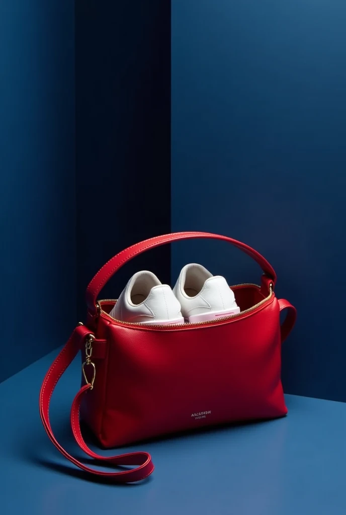 Create a red small shoulder bag Opened and inside this bag there are white shoes, dark blue background.