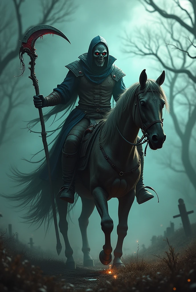 (Best quality,4k,8k,high resolution,masterpiece:1.2),ultra-detailed,Realistic:1.37,dark soul boss style,scary steel mask,background haunted,scythe weapon,fantastic corrupted farmer outfit, riding an evil horse, energy flows around the body,battle aura,Bloodstained,Dynamic lighting,ominous atmosphere,Grim and desolate,twisted trees,scary fog ,Disturbing shadows, weathered scarecrows, distorted landscapes, haunting whispers, threatening skies, crumbling ruins, a threatening storm brewing, lingering sense of darkness, ominous runes, broken tombstones, mystery and suspense, brutal and intense, dread and fear, gothic elements, oppressive silence, threatening presence, atmosphere full of horror, dark and tormented souls, sinister energy, evoking a feeling of doom, a reality steeped in nightmares, writes "FarmMasteR"