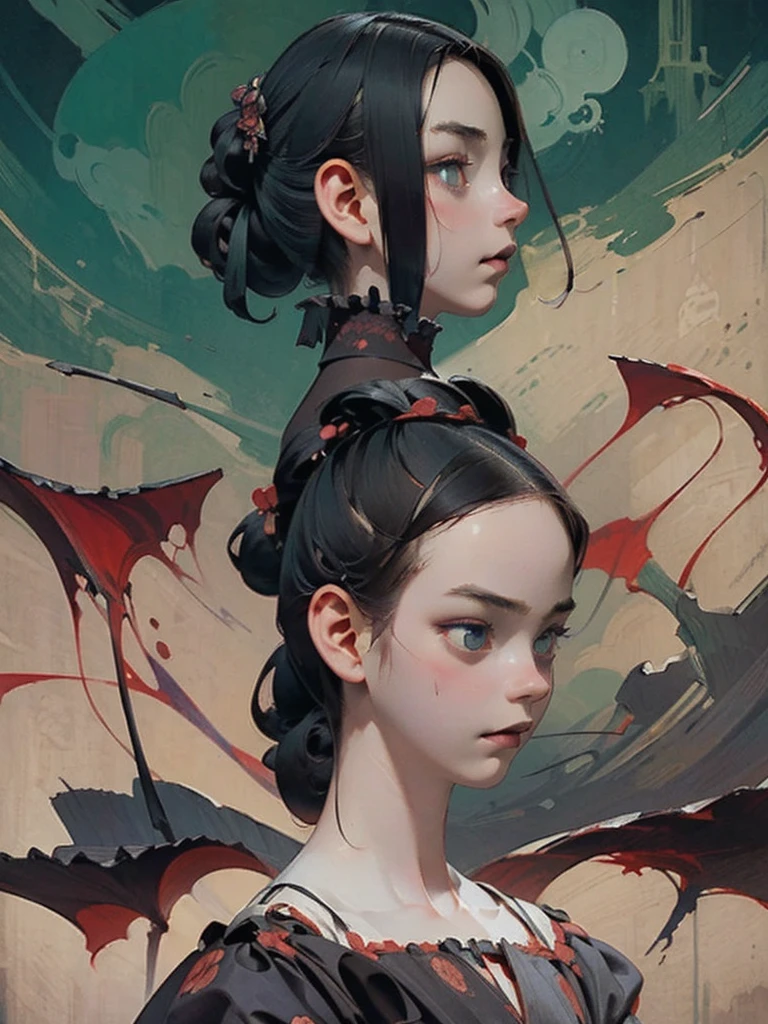 (masterpiece), (High resolution), (Very delicate), Dark atmosphere, Flat Illustration, Creepy Appearance, Characteristic hairstyle, creative accessories, Unique atmosphere、 Hell Girl、god々New Background
