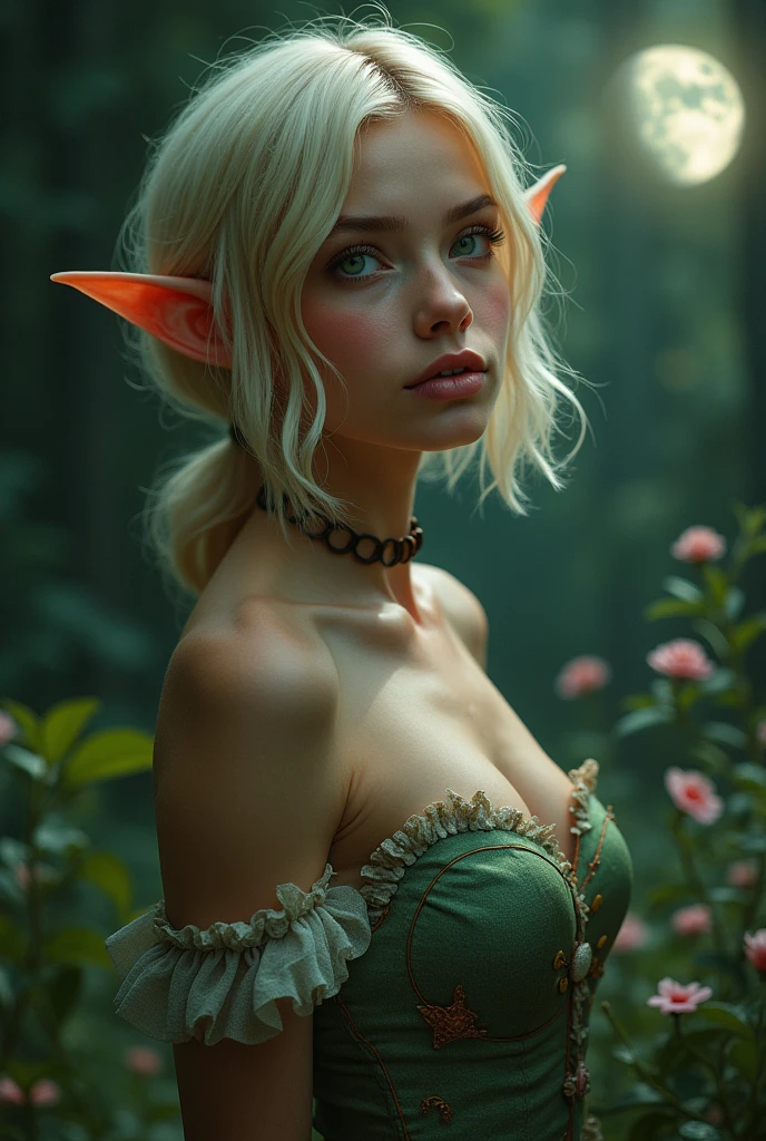 (better quality, masterpiece, Colorful, Dynamic angle, mais detailed) upper body photo, full length photo, 8k unity beautiful wallpaper fashion photography, ultra detailed, beautiful and aesthetically pleasing, (fotorRealist: 1.4), (1 ), green eyes, blonde, hair ornament, short hair, blush, dynamic pose, Dynamic angle, pomade, Slim, corpo Slim, A very wild shot, on open air, fundo detailed, Realist, One, rosto detailed perfeito, mischievous face, olhos detaileds, altamente detailed, ( (fantasy forest)), ((small flowers around)), ((dark night)), ((darkness)), elf ears, Absolutely not, short hair, perfect bobtail, Absolutely not, Magic flowers, ((Little Moon) ), (complex parts, hiperdetailed:1.15), detailed, moonlight passes through hair, (Official art, extremamente detailed, mais detailed), Side,
