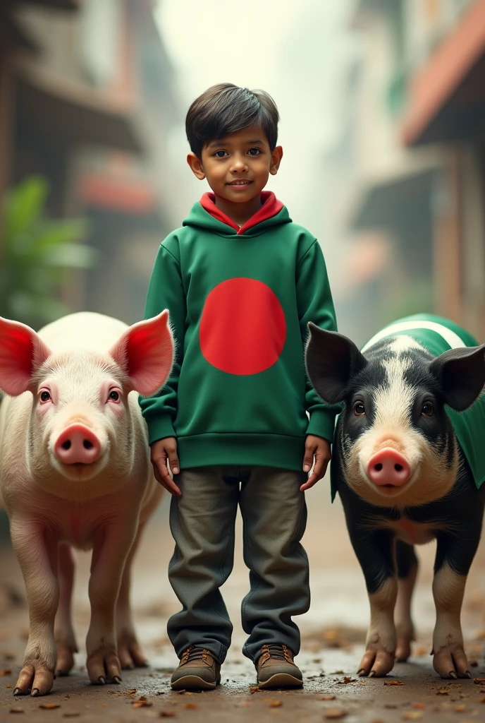 Bangladeshi young boy Wearing bangladeshi flag. With 2 pigs, one pig is wearing indian flag and other pig is wearing pakistani flag.