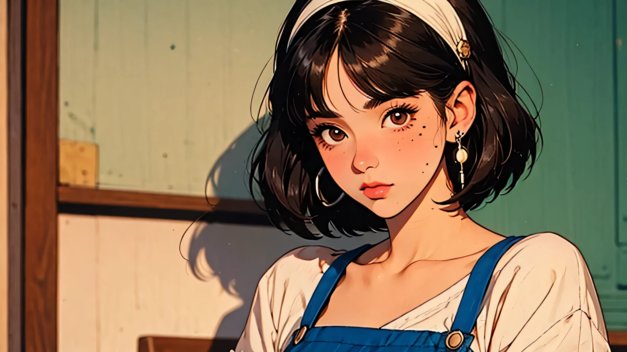 retro
1girl
bangs
blush
bob cut
brown eyes
brown hair
clock
closed mouth
collarbone
earphones
earrings
hairband
jewelry
looking at viewer
mole
mole under eye
phone screen
shirt
short hair
solo
suspenders
upper body
