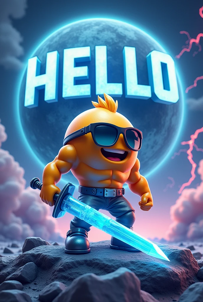A giant hello written the size of the planet with a futuristic design and with thunder and electricity and a futuristic style emoji with cool sunglasses and that you have an ice sword and that is in a muscular shape
