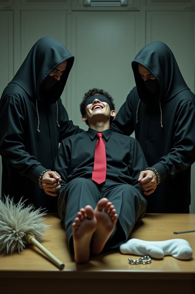 Malaysia malay handsome  19 years student 
He laugh very hard
His hand handcuff in  abondon warehouse 
Blindfolded
handcuff
Black Work Outfit Red tie
Focus feet on desk
feather duster on desk
White sock  on desk
2  evil mafia rub  his feet
