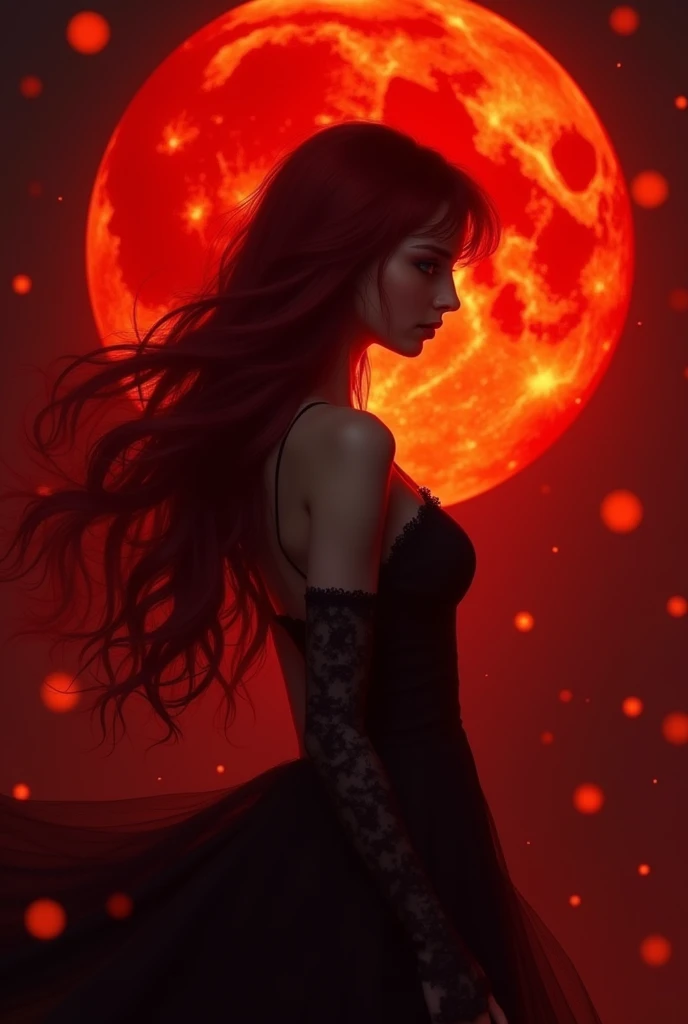 Create a beautiful red night with a red moon, red hair, orange eyes, 
