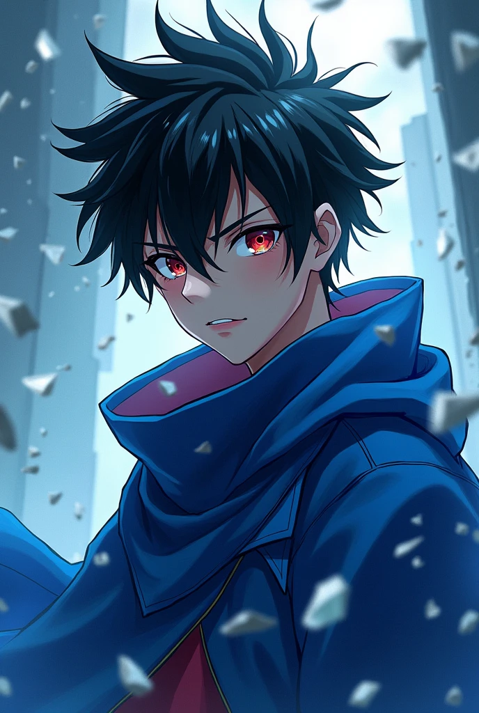 A young dark-haired anime boy with spiky black hair,one white eye and one red,a blue overcoat and shards of glass floating around