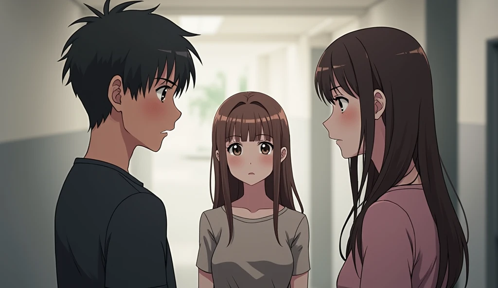 2 people talking neutrally with another girl next to them with a disgusted expression watching them