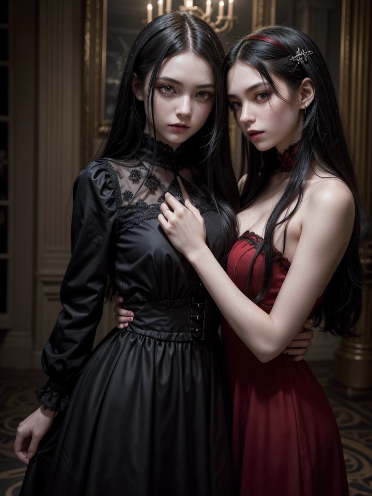 Create a stylish and powerful vampire, with long black hair and bright red eyes. Your skin is pale and flawless, and she wears a sophisticated gothic dress, Dark in color, with subtle silver or red details. next to her, include another girl with a puzzled or scared expression, with hair and clothes that contrast with the vampire, perhaps in lighter tones or with a more modern style. The background should be a dark and mysterious environment., like an ancient castle or a mansion, with soft lighting that highlights the figures.