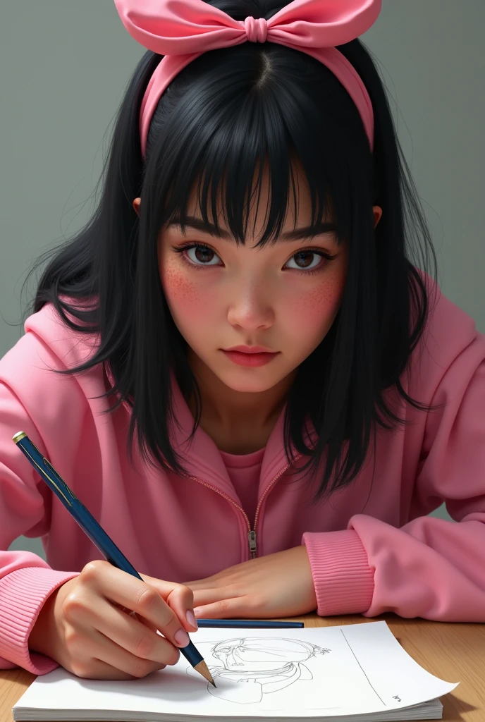 I want a realistic portrait of a pretty woman who is drawing, has black hair and bangs, freckles under her dark eyes, light skin. She wears pink sports clothes and a pink bow in her straight medium hair. Has Latin features and she id drawing. Less young