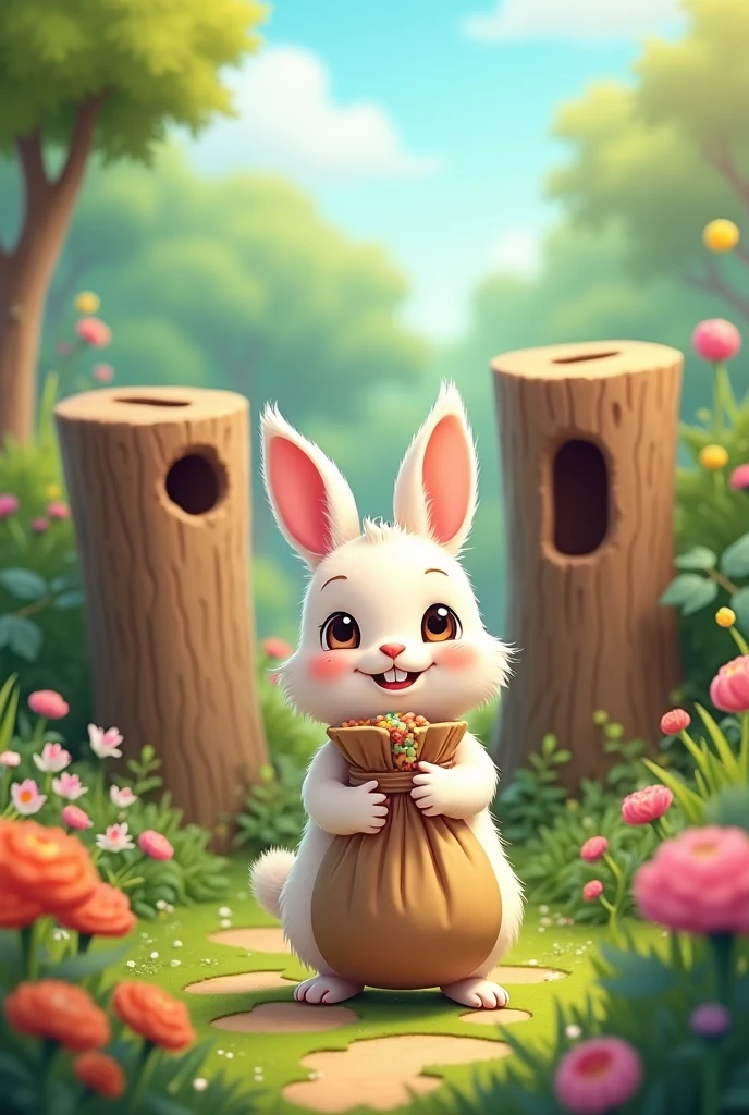 A cute rabbit is holding a bag of trash to throw into a bin in a colorful garden, which has three trash bins made from tree stumps.