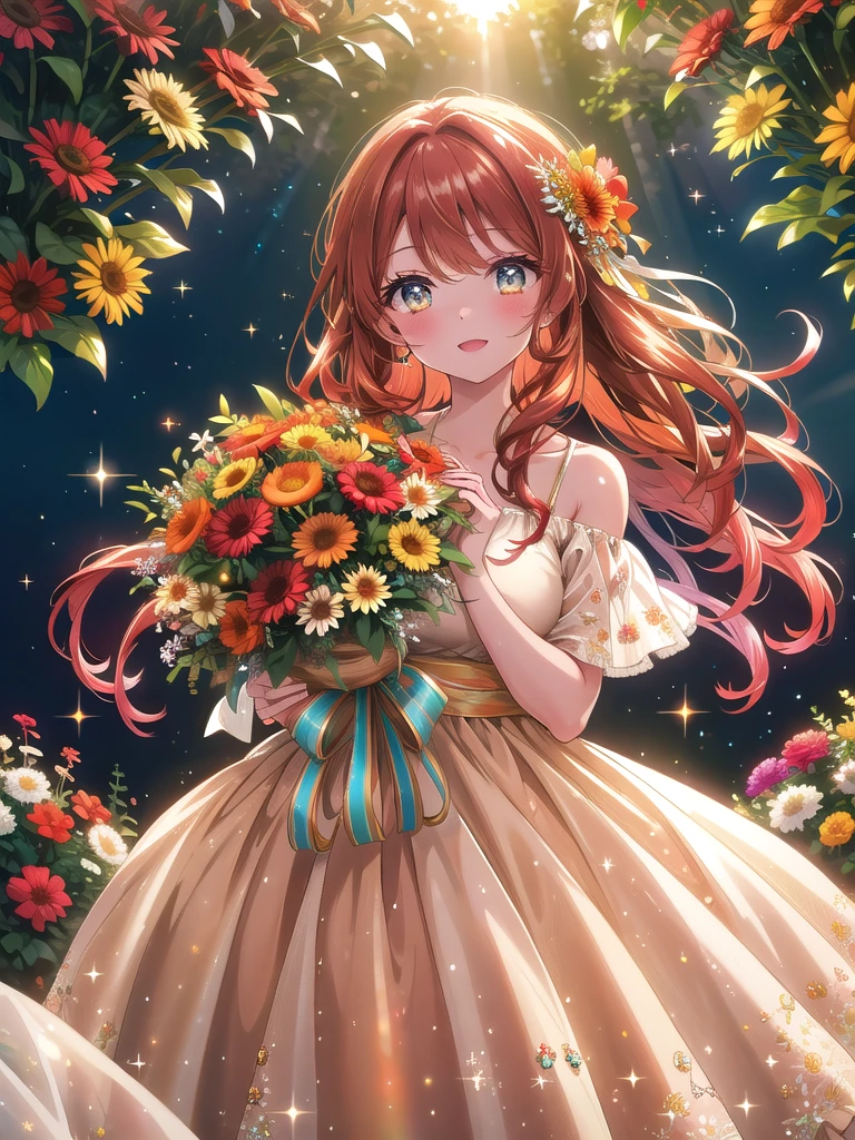 ((8k, Highest quality, masterpiece: 1.3)),Ultra-high resolution,(1 girl, alone), (Color changing eyes, Ultra-detailed, Expressive brilliance, Glitter, Glowing Eyes), Highly detailed eyes, Highly detailed face, Random Hair, ((pastel colour))Visualize a woman standing on a picturesque outdoor terrace of a Mediterranean-style villa, with stunning views of the ocean in the background. She’s holding a vibrant bouquet of red and orange gerberas mixed with soft greenery, wrapped in rustic brown paper. The bouquet is large and striking, with a lively, cheerful appearance. She’s dressed in a flowy, off-shoulder white summer dress that gently sways with the breeze. Her long, wavy auburn hair cascades over her shoulders, catching the light of the setting sun. She leans forward slightly, extending the bouquet toward the camera with both hands, her expression joyful and warm, her eyes sparkling as if she’s about to say, “This is for you.” The terrace is adorned with potted flowers and fairy lights, creating a romantic, dreamy atmosphere, with soft sunlight and sparkling light effects enhancing the celebratory mood.