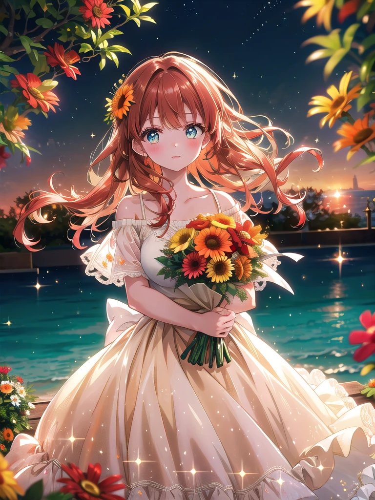 ((8k, Highest quality, masterpiece: 1.3)),Ultra-high resolution,(1 girl, alone), (Color changing eyes, Ultra-detailed, Expressive brilliance, Glitter, Glowing Eyes), Highly detailed eyes, Highly detailed face, Random Hair, ((pastel colour))Visualize a woman standing on a picturesque outdoor terrace of a Mediterranean-style villa, with stunning views of the ocean in the background. She’s holding a vibrant bouquet of red and orange gerberas mixed with soft greenery, wrapped in rustic brown paper. The bouquet is large and striking, with a lively, cheerful appearance. She’s dressed in a flowy, off-shoulder white summer dress that gently sways with the breeze. Her long, wavy auburn hair cascades over her shoulders, catching the light of the setting sun. She leans forward slightly, extending the bouquet toward the camera with both hands, her expression joyful and warm, her eyes sparkling as if she’s about to say, “This is for you.” The terrace is adorned with potted flowers and fairy lights, creating a romantic, dreamy atmosphere, with soft sunlight and sparkling light effects enhancing the celebratory mood.