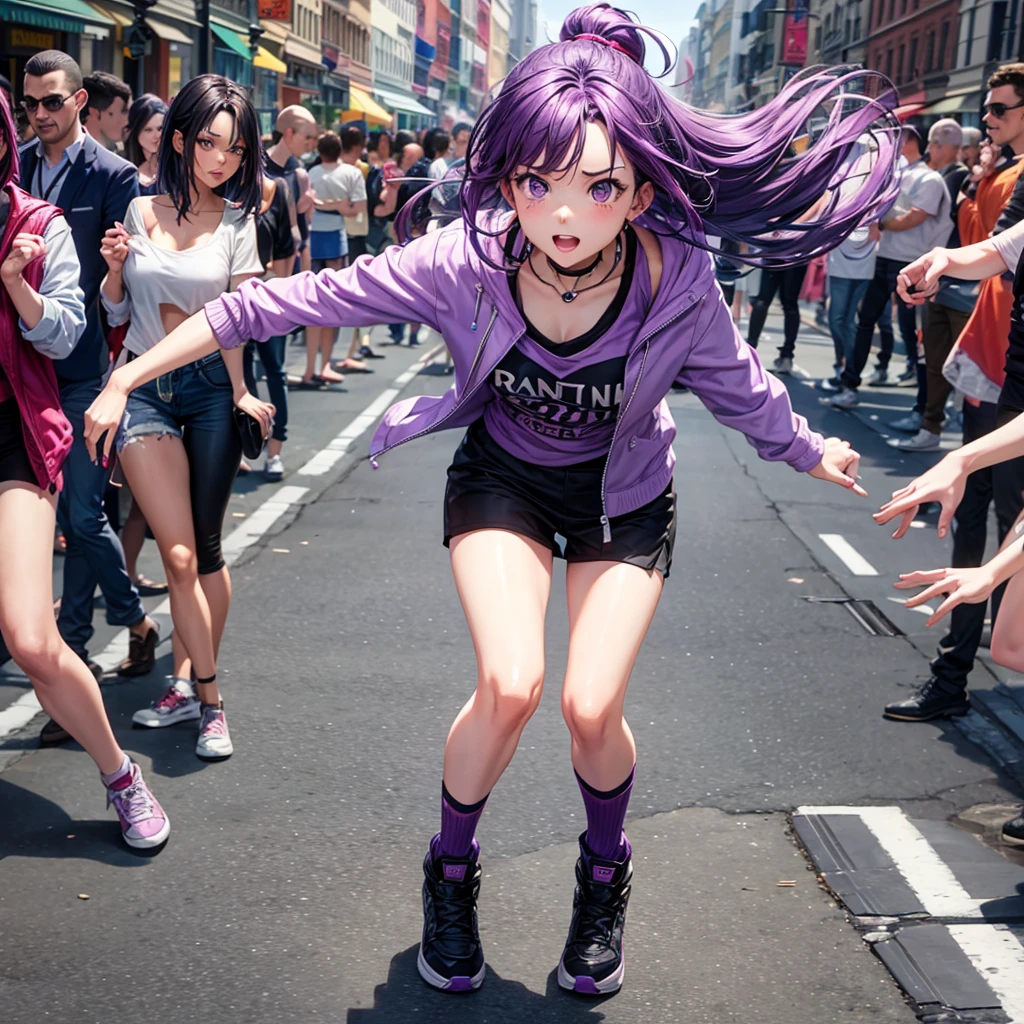 The one with purple hair running down the middle of the street from a b******