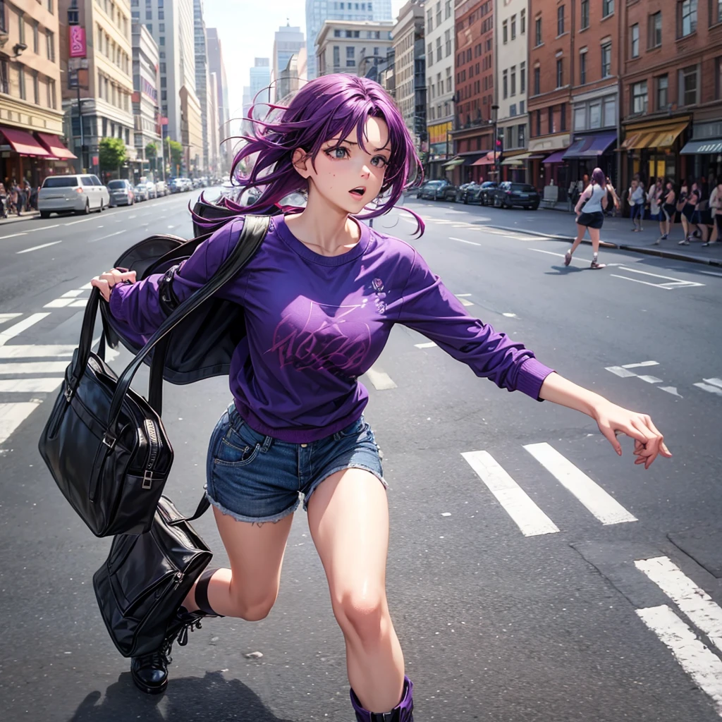 The one with purple hair running down the middle of the street from a b******