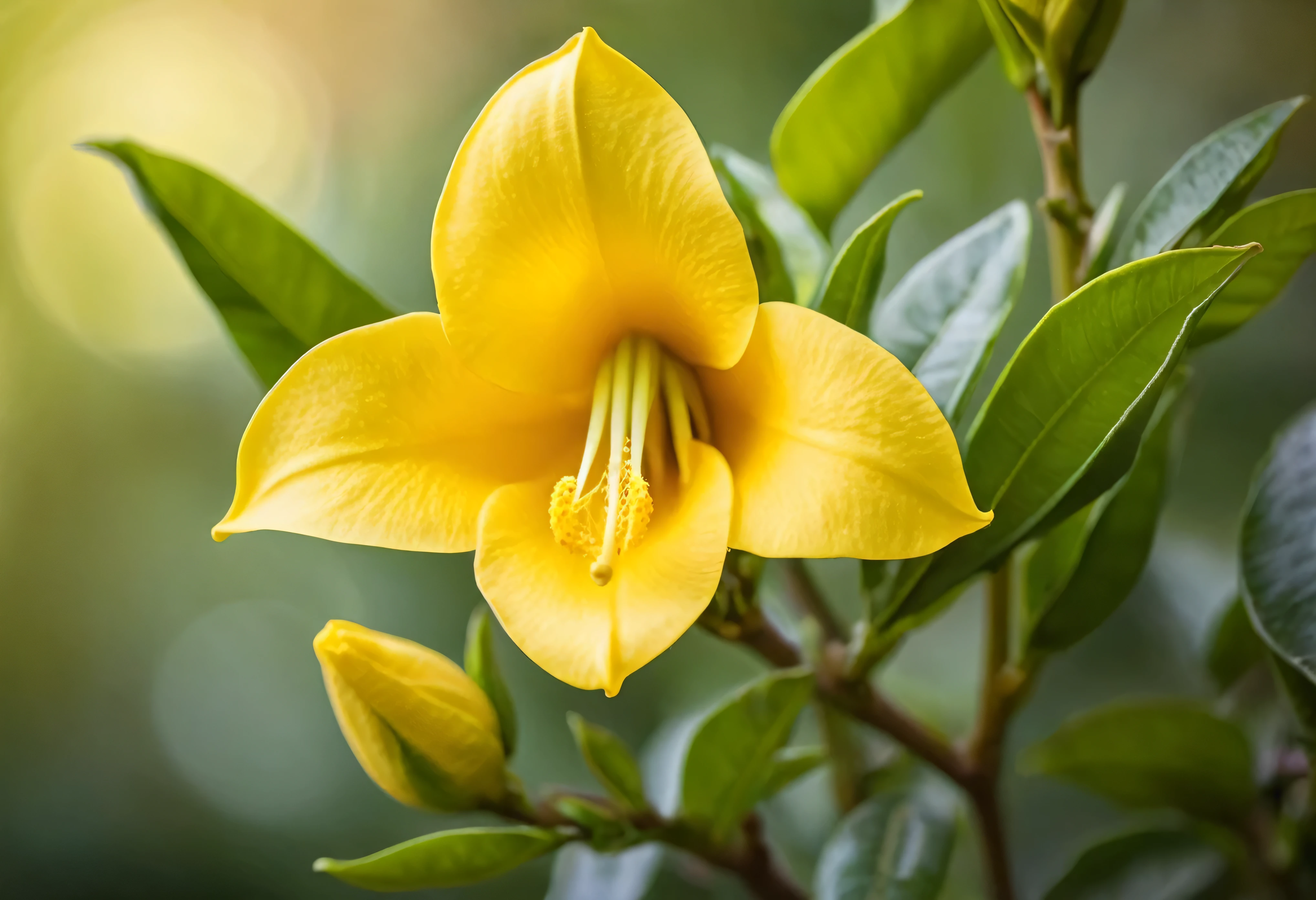Generate a highly detailed and realistic close-up photo of a golden trumpet flower bud (Allamanda) with an elegant bokeh background. The focus should be on the single bud, highlighting its delicate curves, soft texture, and vibrant yellow hue. The background should be artistically blurred, with subtle hints of green foliage and natural light, creating a smooth and dreamy bokeh effect. The lighting should be soft and natural, casting gentle shadows that add depth and dimension to the bud. The overall composition should evoke a sense of purity and beauty, capturing the intricate details of the flower bud in a serene and harmonious setting.