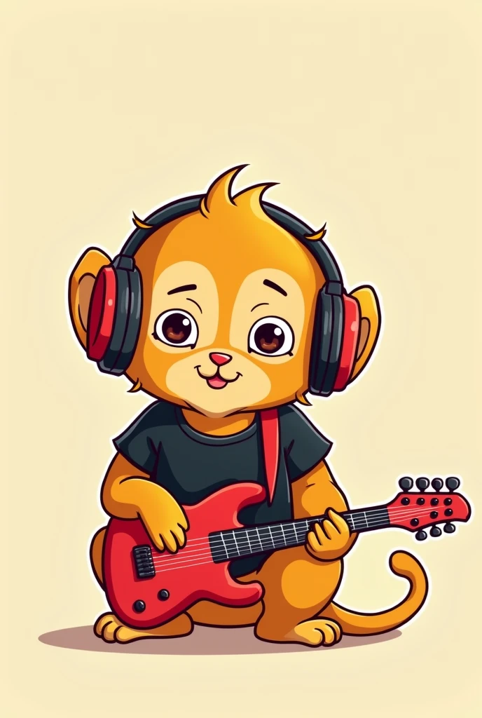 Golden lion tamarin in cartoon form, squatting down, with head bowed, colored with shades of yellow and orange and using headphones. friendly face, wearing a black short sleeve t-shirt and holding a red guitar.