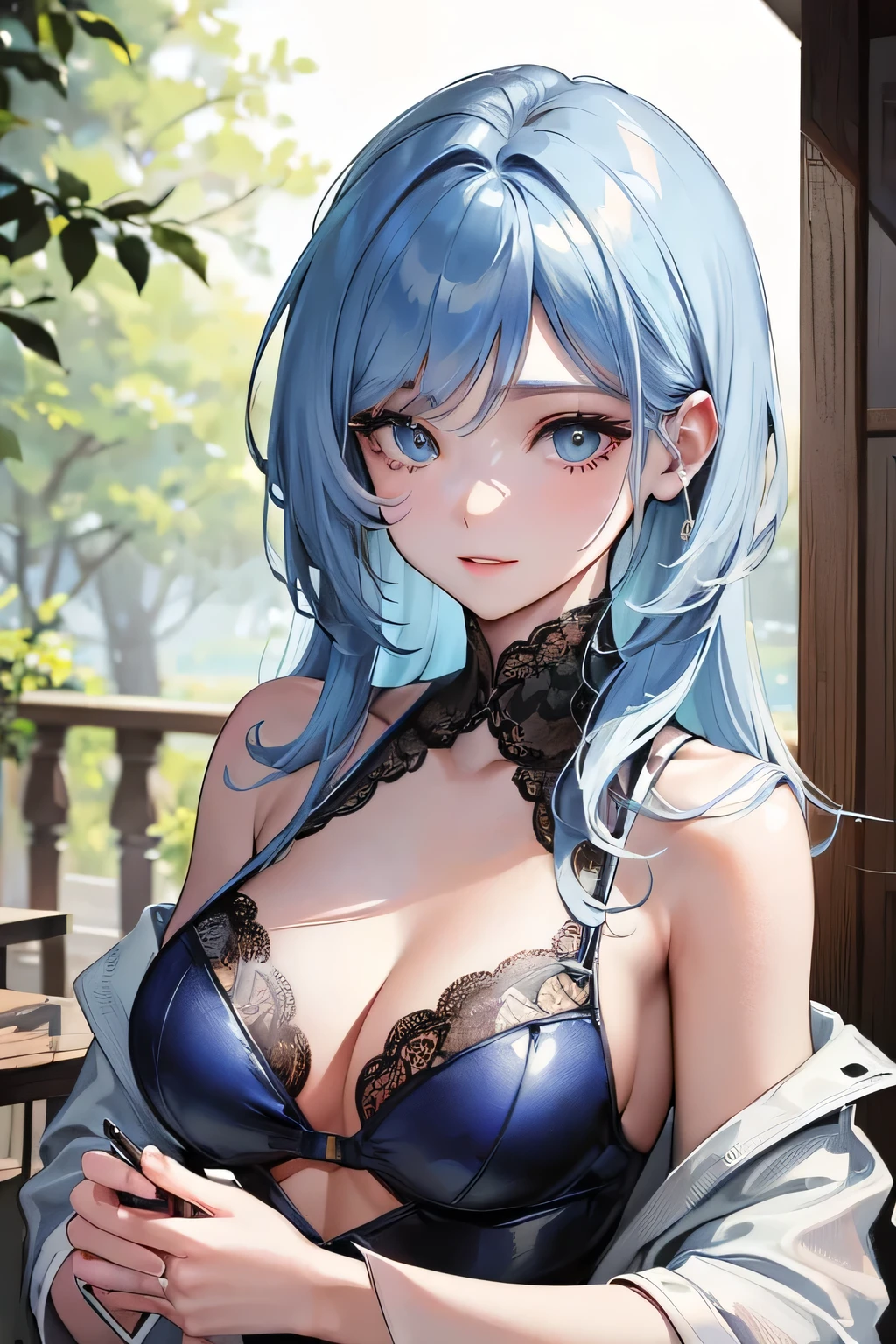 masterpiece, top quality, super detailed, high resolution, (ink painting style), excellent anatomy, beautiful 1 woman, (actual photos, intricate details), alone, upper body, bikini, shoulder-length hair, minimal makeup, natural materials, face close-up, smile, home, (light blue hair), blue eyes, shoulder bare, (in the gap between my breasts), ((sexy)), ((outdoor)), ((lace pattern clothing)), (upper body:1.2), best light, best shadow, mysterious, perfect face, highly detailed,