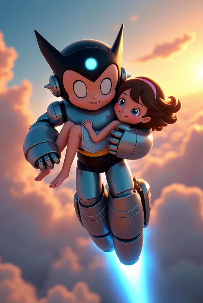 astro boy from the 2009 film caring a girl in his arms while rocket boosting in the air