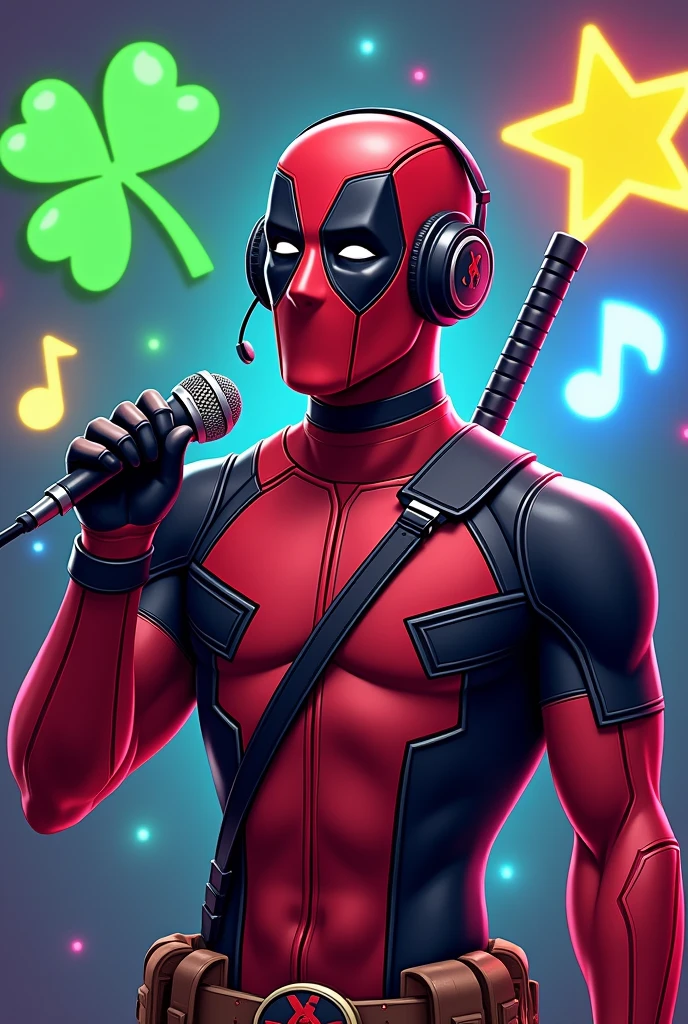 Deadpool with the symbol of green lucky Trevor, yellow star and blue music symbol , singing karaoke with headphones. Human body, By: Sam Oca
