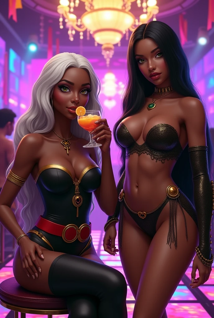 (Photorealism:1.2), Create image,black female,Hazel green eye,Prominent nose,long white straight hair with waves, similar to shanina shaik, fantasia x Men,Black strapless bodysuit with gold details,red belt with the letter X buckle,Scenario,fantasy party,internal space,open bar,the woman is sitting on the chair, drinking fruit cocktail,((sister))Create image,mulher Justine Skye blasian,24 years,long straight hair with black bangs,Black and tanned skin,full and glossy lips with transparent,Lip gloss,pirate outfit,fund,Create image,fantasy party,eye patche,internal space com uma pista de dança vibrante e colorida,composed of illuminated tiles in various colors. Above the dance floor, there is a chandelier with colorful cloths,including spotlights in shades of purple, blue and pink. The walls are decorated with bright colored ribbons,as duas sisters estão dançando,lora