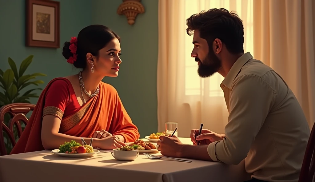 "A beautiful and independent woman, draped elegantly in a traditional saree, sits at the dining table with a confident grace. Her eyes sparkle with intelligence and determination, reflecting her strong personality. Across from her, a man sits with a calm demeanor, observing her with a mixture of admiration and respect. The table is set with a delicious spread, and the atmosphere is filled with an unspoken understanding between them. As they share a quiet moment together, their presence exudes a blend of tradition and modernity, highlighting the unique bond they share."