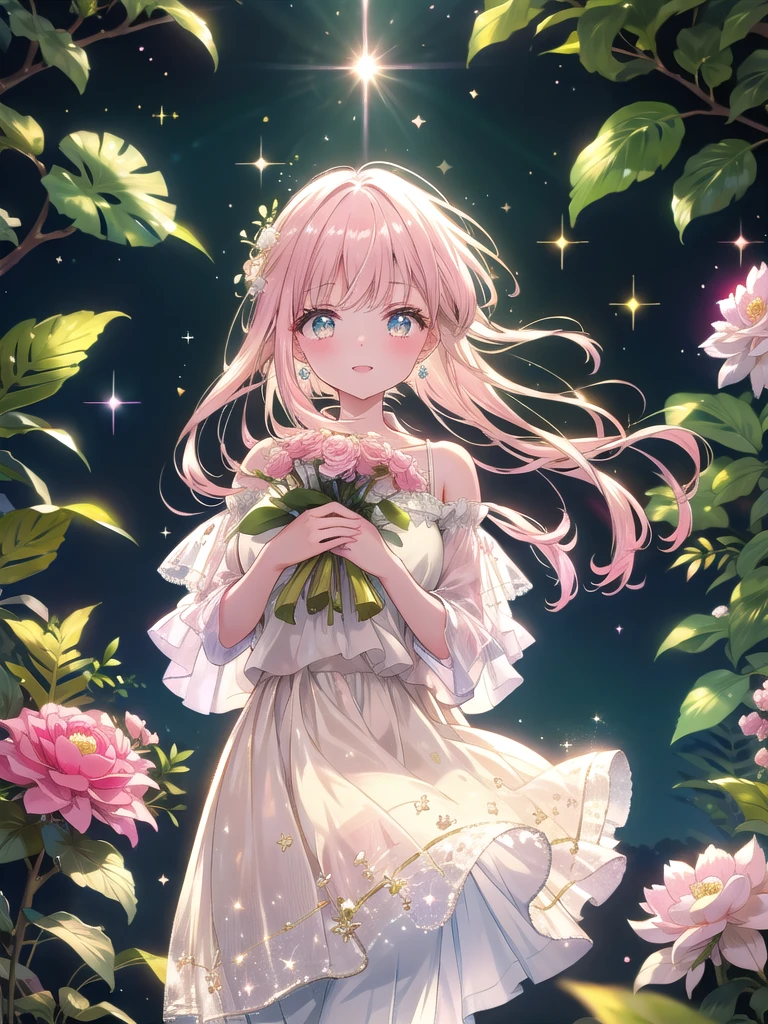((8k, Highest quality, masterpiece: 1.3)),Ultra-high resolution,(1 girl, alone), (Color changing eyes, Ultra-detailed, Expressive brilliance, Glitter, Glowing Eyes), Highly detailed eyes, Highly detailed face, Random Hair, ((pastel colour))Imagine a woman in a contemporary city park, surrounded by lush greenery and blooming flowers. She’s holding a grand bouquet of soft pink peonies and white anemones, wrapped in delicate translucent paper tied with a pale pink ribbon. The bouquet is abundant, with a sophisticated yet soft appearance. She’s dressed in a chic, casual outfit—a fitted olive green blouse paired with light beige trousers and simple flats, suitable for a relaxed day out. Her dark, shoulder-length hair is styled in loose waves, and she has on subtle gold jewelry that catches the sunlight. With a bright, genuine smile, she extends the bouquet with one hand, reaching out as if to hand it over to a friend, her expression radiating warmth and affection. The background features a modern fountain and tall city buildings in the distance, with a light breeze rustling the leaves and creating gentle motion in the scene, enhanced by delicate sparkles that add a magical touch.
