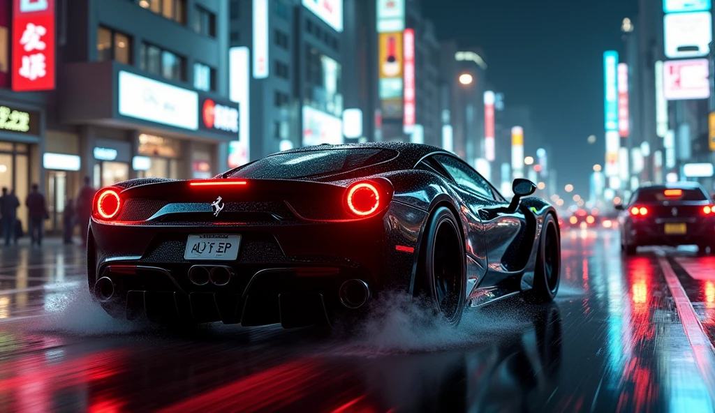 rear of a black ferrari sports car in motion running at night in the rain on the streets of tokyo