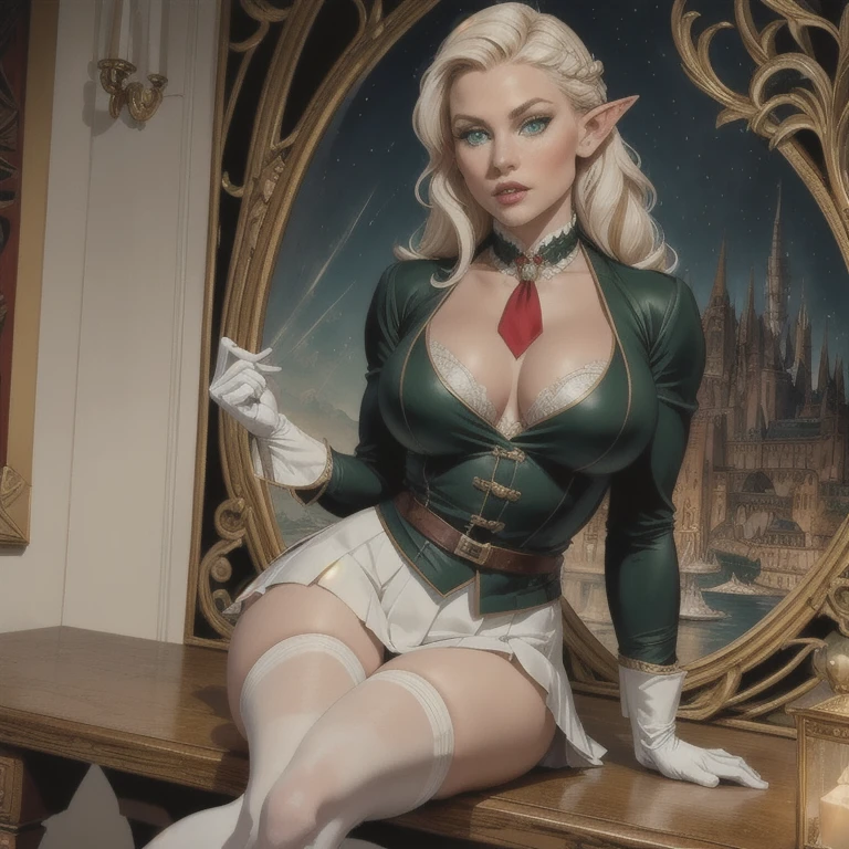 1 female elf, long braided blonde hair, pointed ears, green eyes, thin lips, round face, wearing Houdini magic academy uniform, black jacket with white details, academy crest on right chest, red tie, white fur gloves, white pleated skirt mid-thigh, white thigh high socks, white ballet flats, large breasts, wide hips, thick thighs, beautiful elf, magnificent elf, arrogant elf, full body, (best quality,4k,8k,highres,masterpiece:1.2),ultra-detailed,(realistic,photorealistic,photo-realistic:1.37),HDR,UHD,studio lighting,ultra-fine painting,sharp focus,physically-based rendering,extreme detail description,professional,vivid colors,bokeh,fantasy,magical,portrait