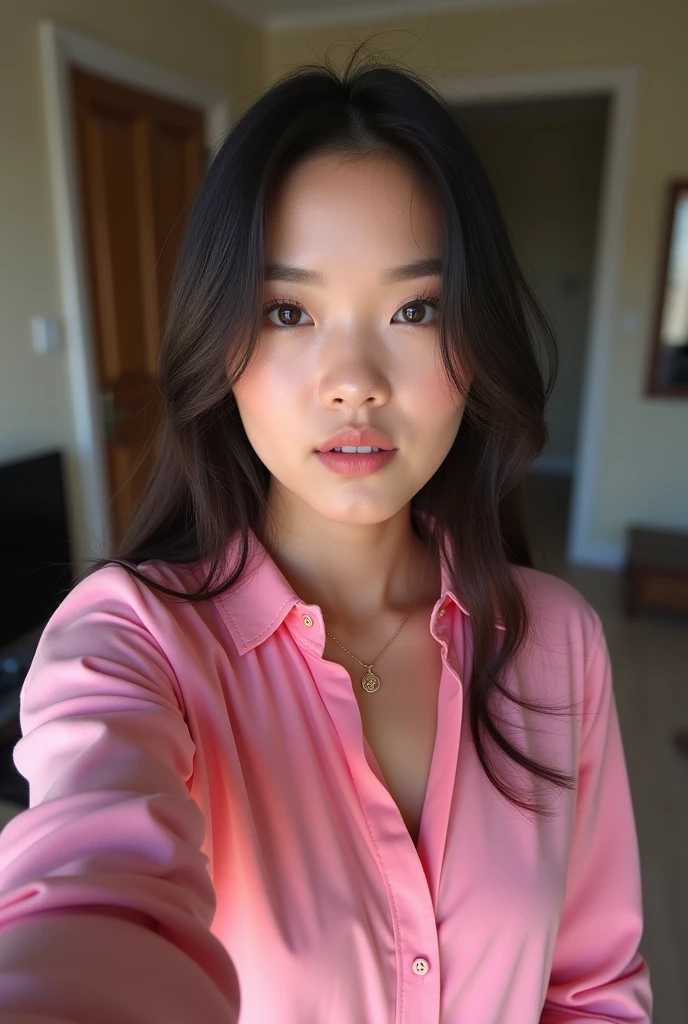 araffes taking a selfie of a woman in a pink shirt, a picture inspired by Shi Rui, reddit, tachisme, 2 , 2263539546], showing her face, highly realistic. live cam, 2, she is facing the camera, 2 , sexy look at the camera